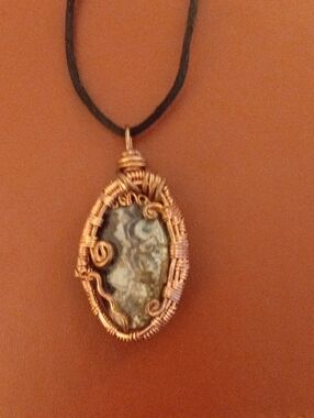 Handmade Copper Wire-Wrapped Stone Jasper Pendant Necklace